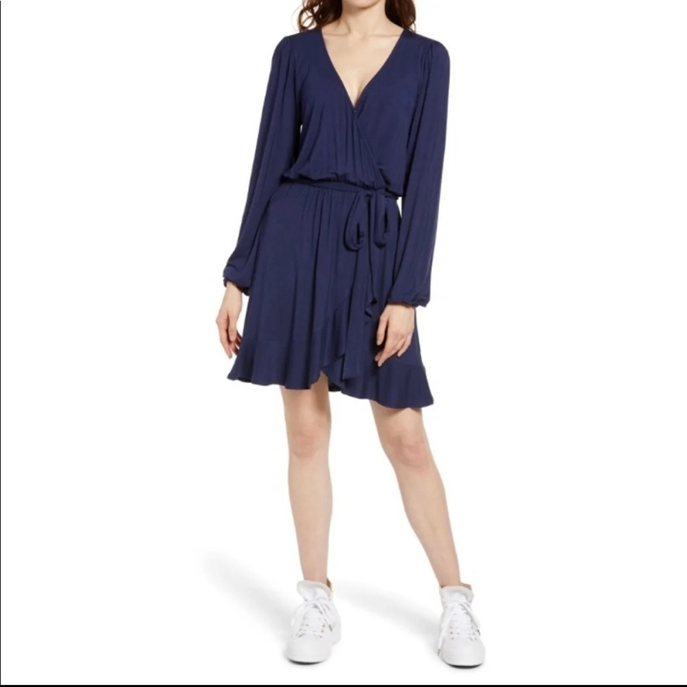 Bp. Large Long Sleeve Wrap Minidress Dress Womens Navy Blue Size Small NWOT